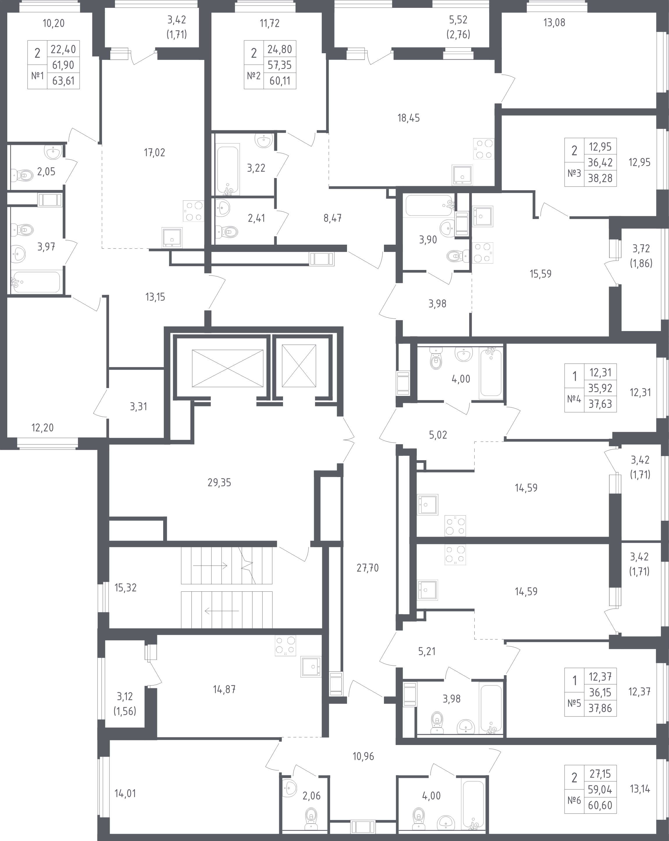 2-комнатная квартира, 60.6 м² - планировка этажа