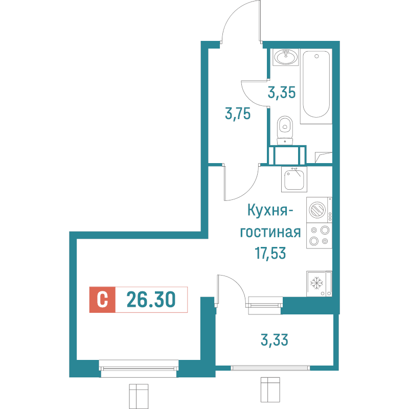 Квартира-студия, 26.3 м² в ЖК "Графика" - планировка, фото №1