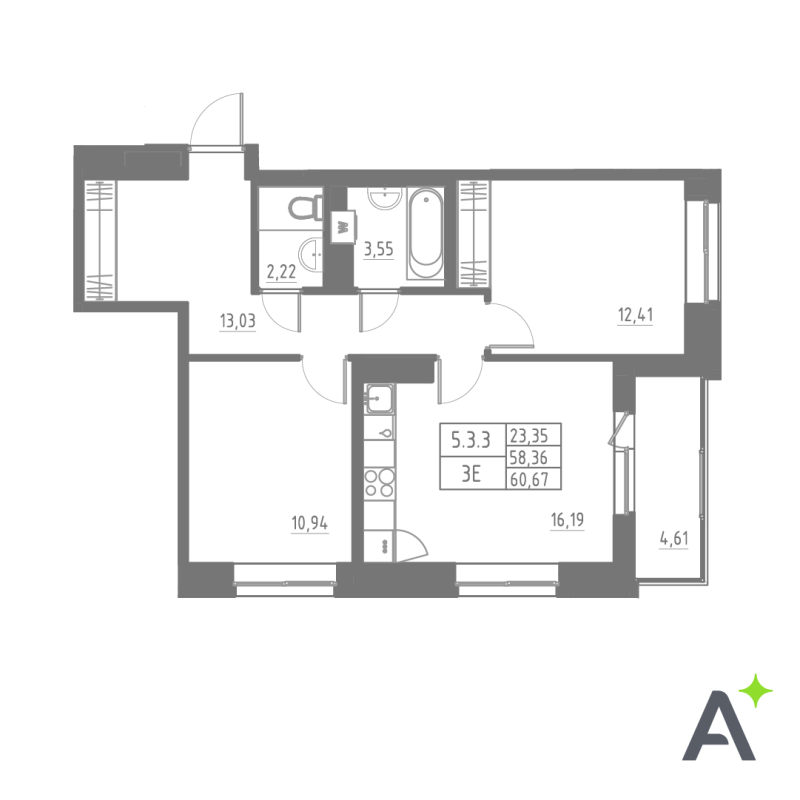 3-комнатная (Евро) квартира, 60.65 м² в ЖК "Аквилон Solar" - планировка, фото №1