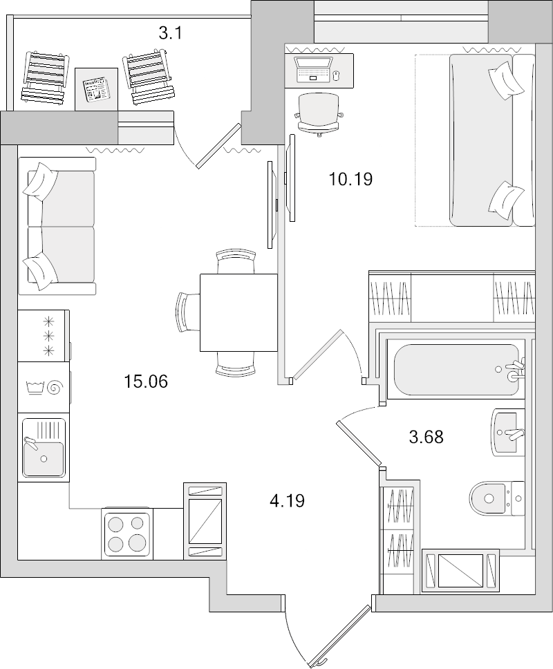 2-комнатная (Евро) квартира, 33.12 м² - планировка, фото №1