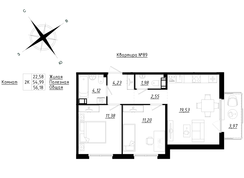 3-комнатная (Евро) квартира, 56.18 м² - планировка, фото №1
