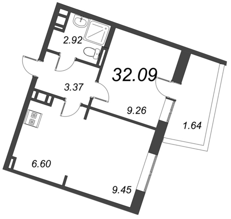 2-комнатная (Евро) квартира, 32.09 м² - планировка, фото №1