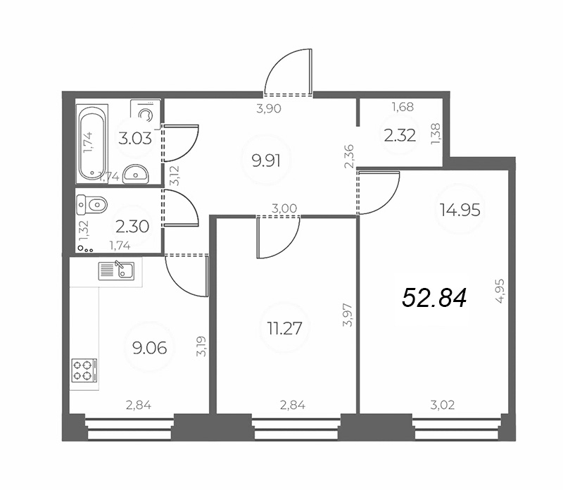 2-комнатная квартира, 52.84 м² - планировка, фото №1