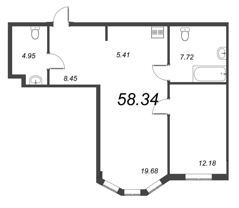2-комнатная (Евро) квартира, 58.48 м² - планировка, фото №1