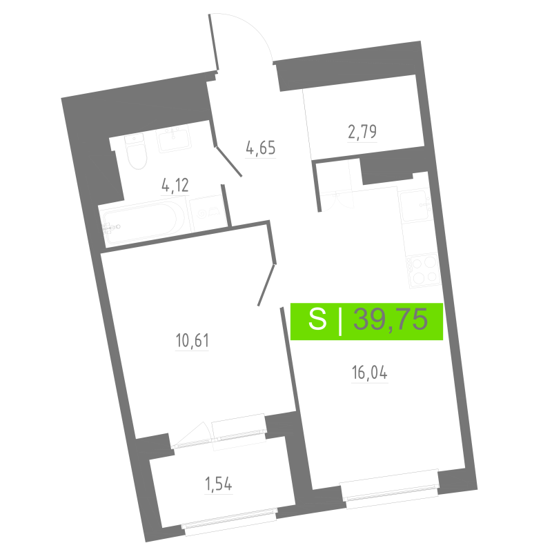 2-комнатная (Евро) квартира, 39.75 м² в ЖК "Аквилон РИВА" - планировка, фото №1