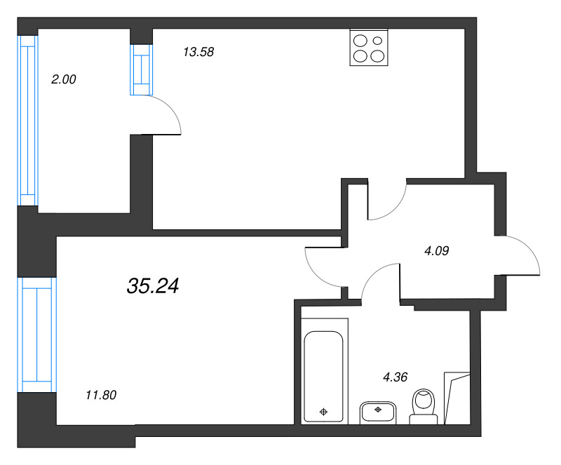 2-комнатная (Евро) квартира, 35.83 м² - планировка, фото №1