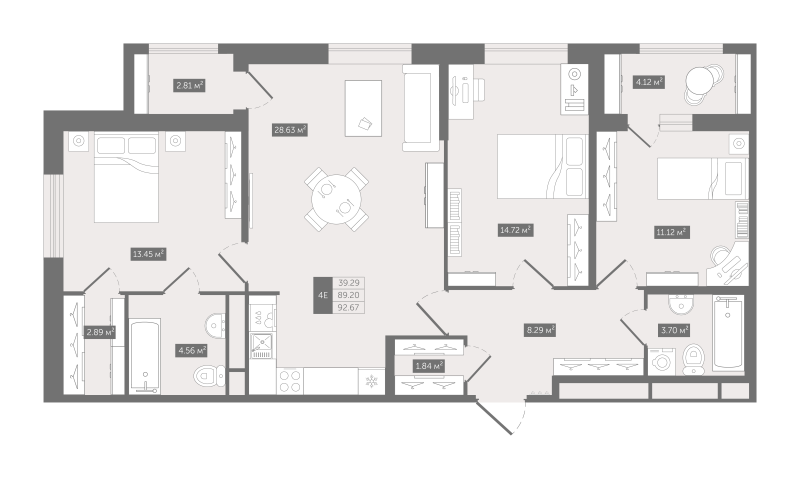 4-комнатная (Евро) квартира, 92.67 м² в ЖК "UP-квартал "Воронцовский"" - планировка, фото №1