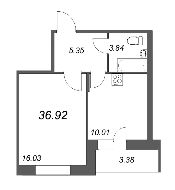 1-комнатная квартира, 36.7 м² - планировка, фото №1