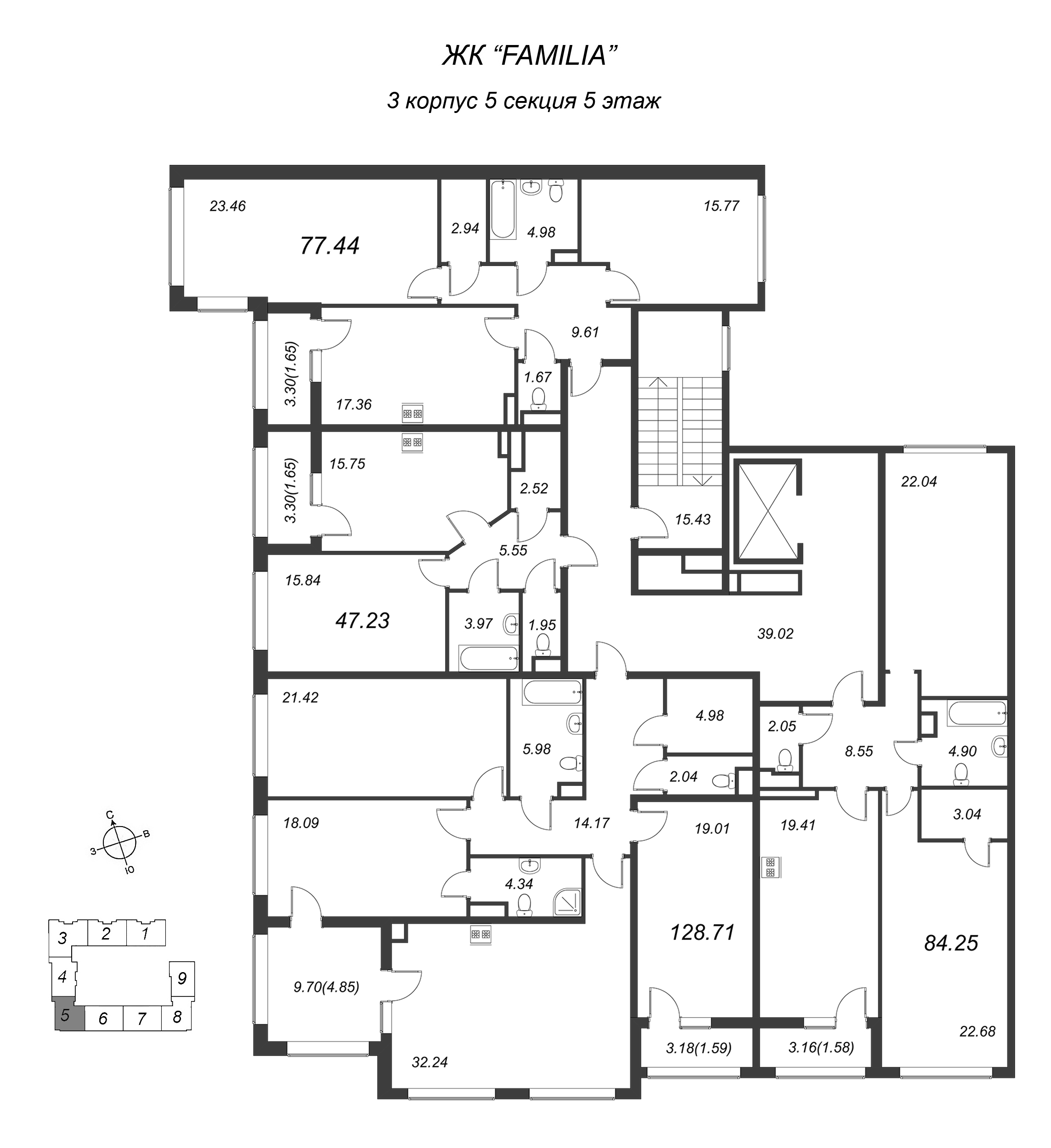 4-комнатная (Евро) квартира, 129.1 м² в ЖК "FAMILIA" - планировка этажа