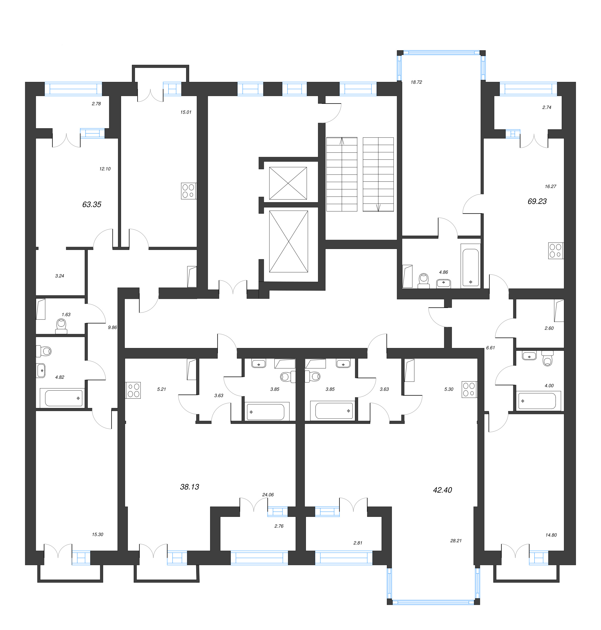 1-комнатная квартира, 42.4 м² - планировка этажа