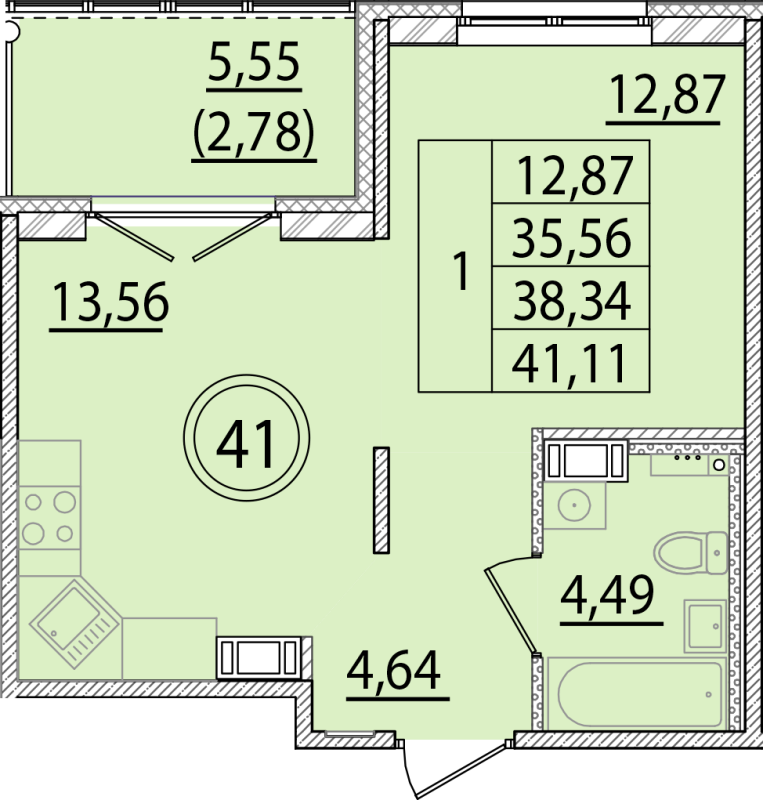 1-комнатная квартира, 35.56 м² в ЖК "Образцовый квартал 15" - планировка, фото №1