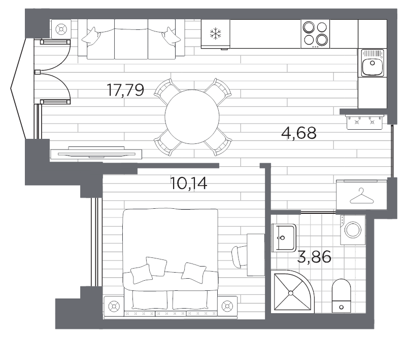 2-комнатная (Евро) квартира, 36.47 м² в ЖК "Галерная гавань" - планировка, фото №1
