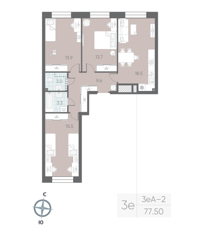 4-комнатная (Евро) квартира, 77.5 м² - планировка, фото №1