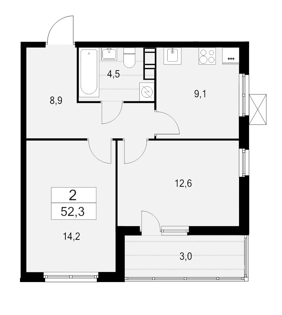 2-комнатная квартира, 52.3 м² - планировка, фото №1