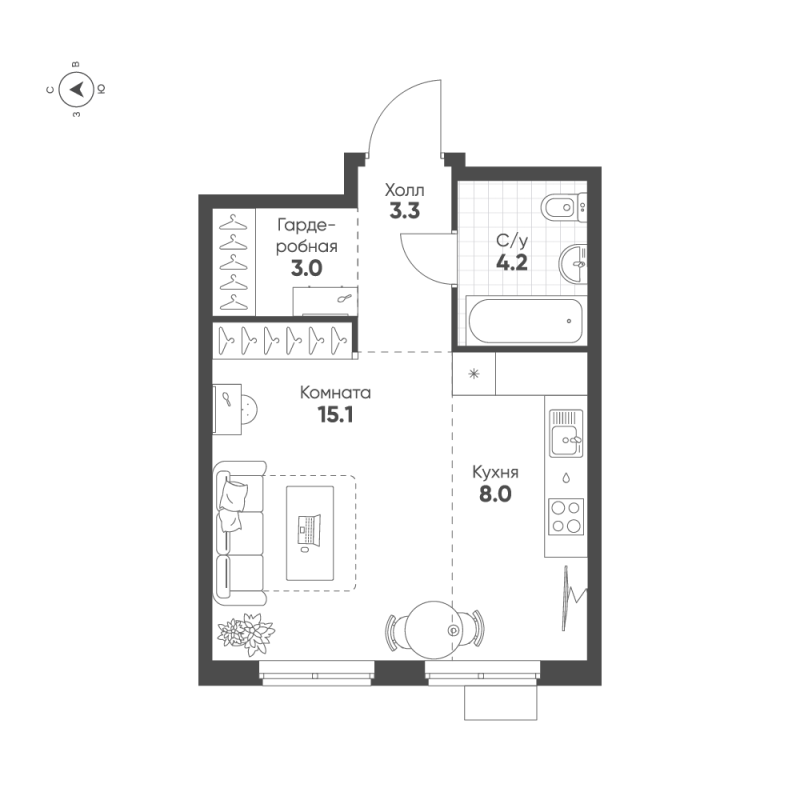 Квартира-студия, 33.6 м² - планировка, фото №1