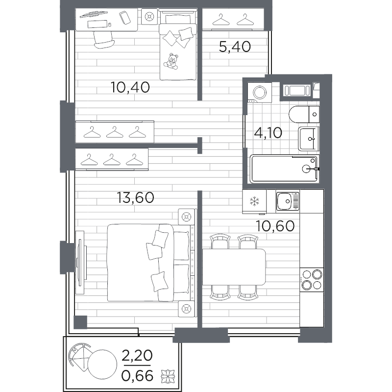 2-комнатная квартира, 44.76 м² в ЖК "PLUS Пулковский" - планировка, фото №1