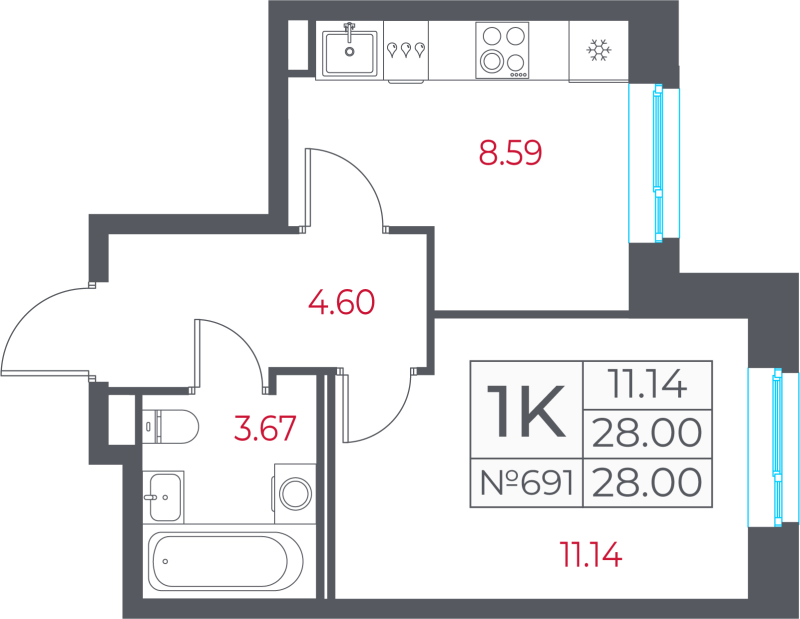 1-комнатная квартира, 28 м² в ЖК "Город-спутник Южный" - планировка, фото №1