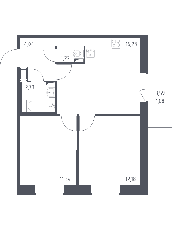 3-комнатная (Евро) квартира, 48.87 м² - планировка, фото №1