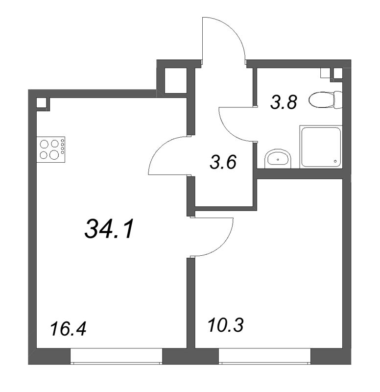 2-комнатная (Евро) квартира, 34.1 м² в ЖК "Пулково Lake" - планировка, фото №1