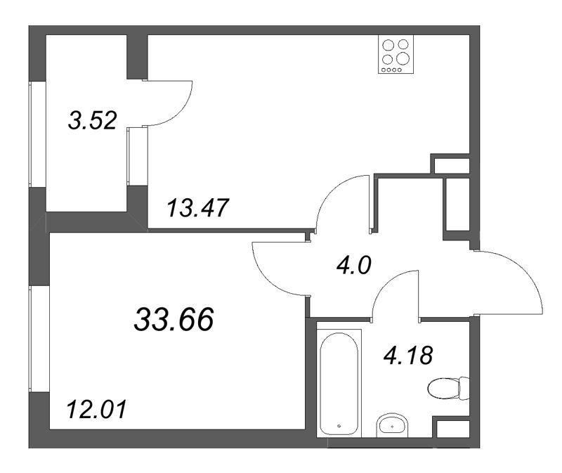 1-комнатная квартира, 33.66 м² в ЖК "Дубровский" - планировка, фото №1