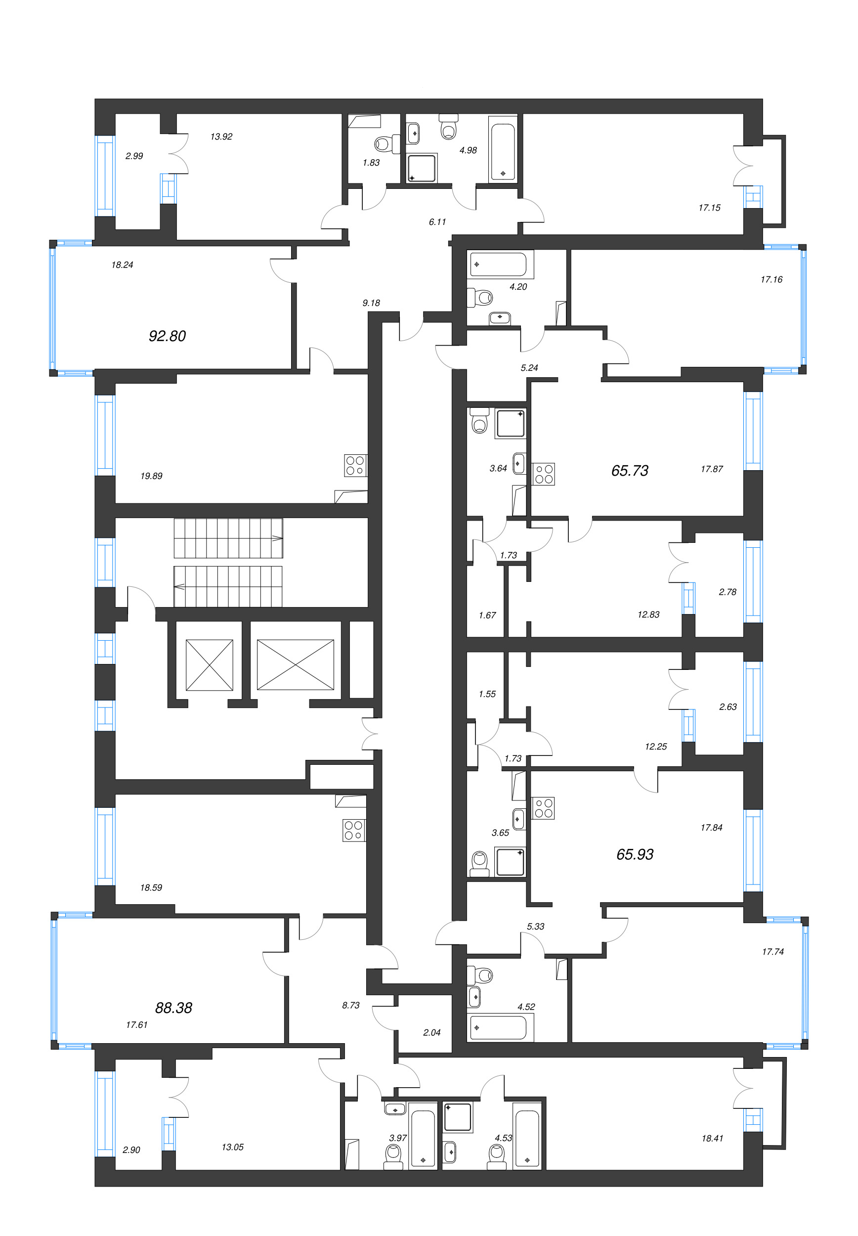3-комнатная квартира, 88.38 м² в ЖК "Наука" - планировка этажа
