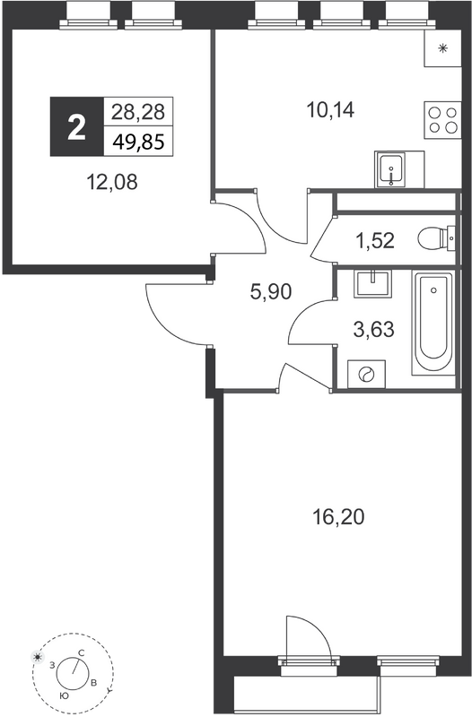 2-комнатная квартира, 49.85 м² в ЖК "Слобода" - планировка, фото №1