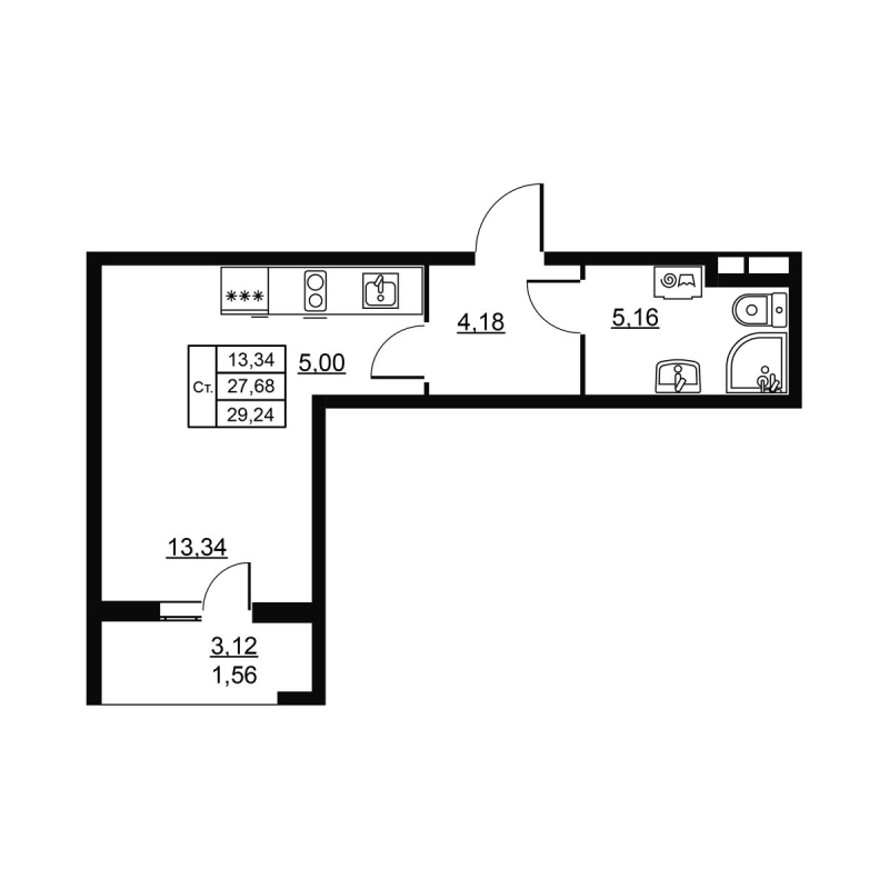Квартира-студия, 29.24 м² в ЖК "Высота. Новодевяткино" - планировка, фото №1