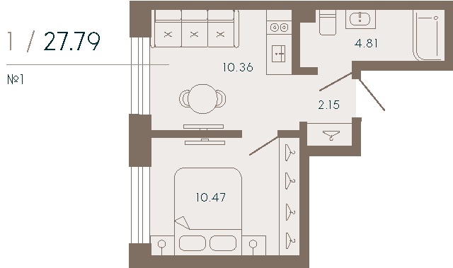 2-комнатная (Евро) квартира, 27.37 м² - планировка, фото №1