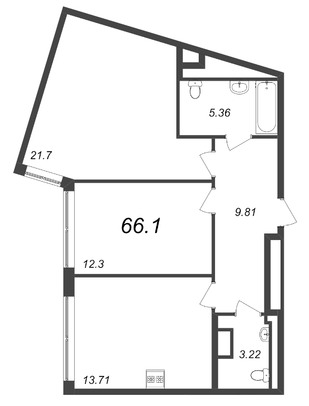 2-комнатная квартира, 66.9 м² в ЖК "GloraX Premium Василеостровский" - планировка, фото №1