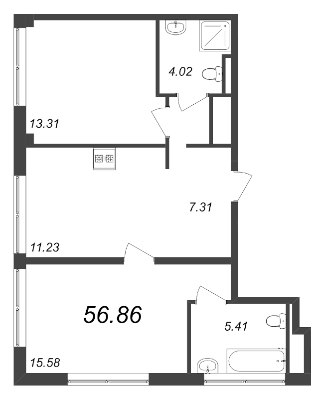 2-комнатная квартира, 56.86 м² - планировка, фото №1