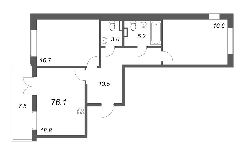 3-комнатная (Евро) квартира, 76.1 м² - планировка, фото №1