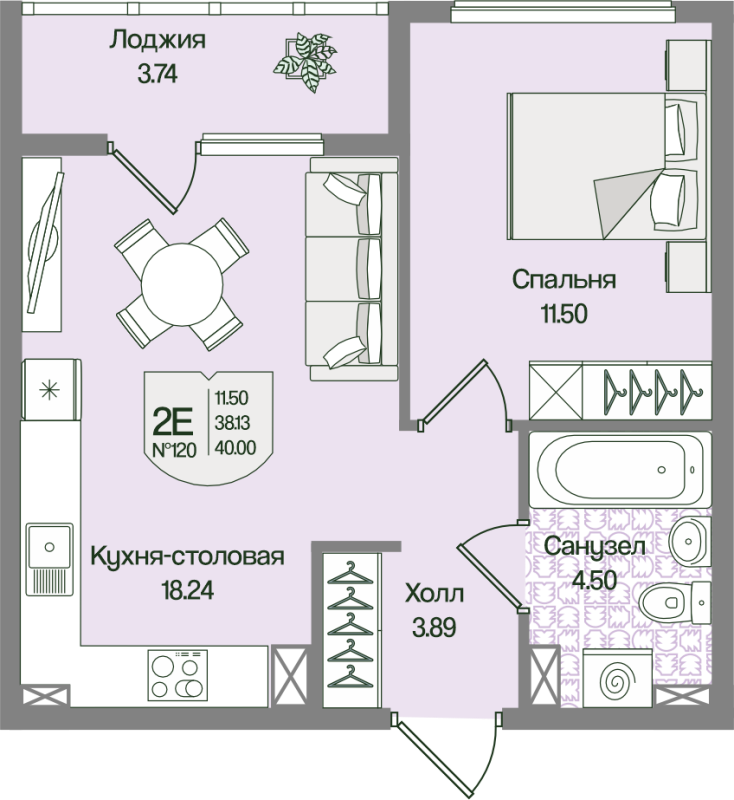 2-комнатная (Евро) квартира, 40 м² в ЖК "Охтинские высоты" - планировка, фото №1