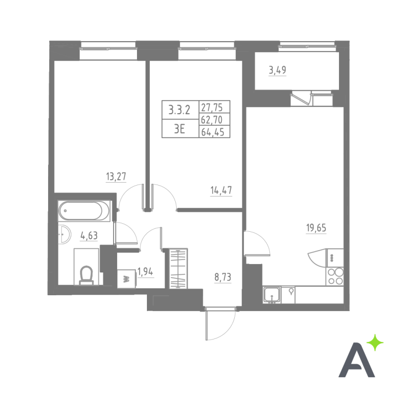 3-комнатная (Евро) квартира, 64.66 м² в ЖК "Аквилон Solar" - планировка, фото №1