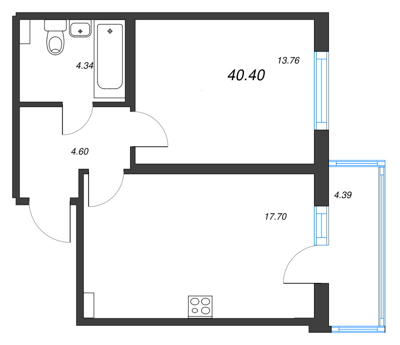 2-комнатная (Евро) квартира, 40.4 м² - планировка, фото №1
