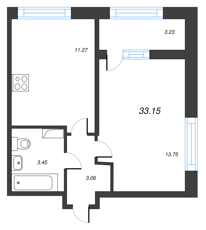 1-комнатная квартира, 33.15 м² - планировка, фото №1