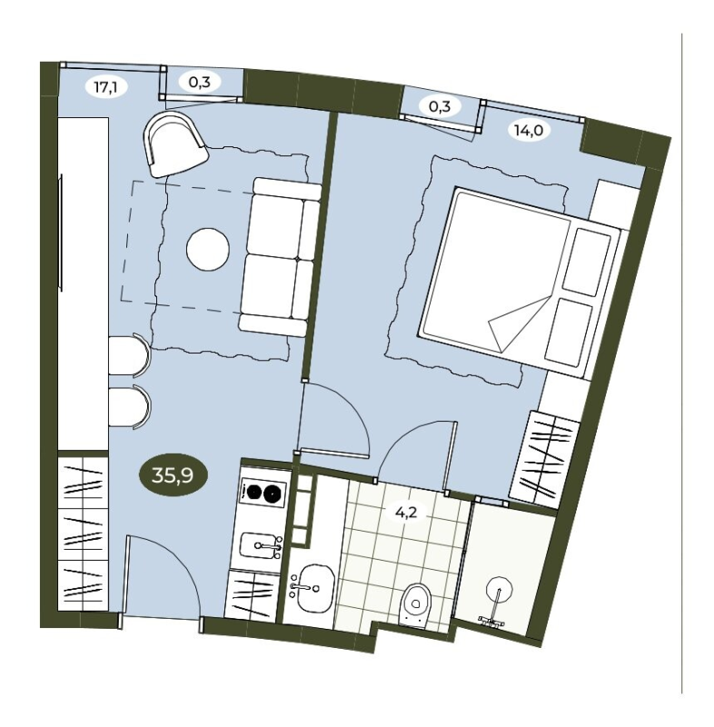 2-комнатная (Евро) квартира, 35.8 м² в ЖК "Место в Рощино" - планировка, фото №1