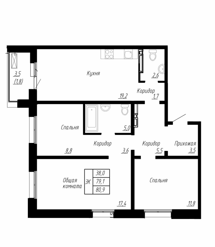 4-комнатная (Евро) квартира, 80.9 м² - планировка, фото №1