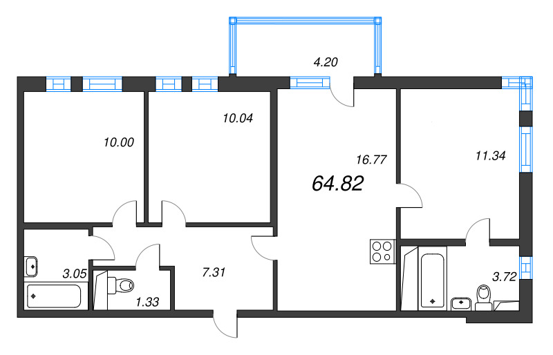 4-комнатная (Евро) квартира, 64.82 м² - планировка, фото №1