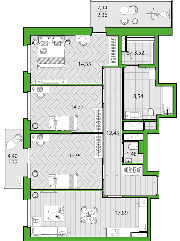4-комнатная (Евро) квартира, 89.64 м² в ЖК "Friends" - планировка, фото №1