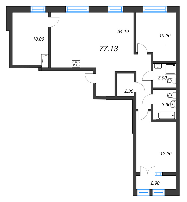 4-комнатная (Евро) квартира, 77.13 м² в ЖК "Новый Питер" - планировка, фото №1