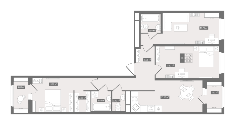 4-комнатная (Евро) квартира, 83.39 м² - планировка, фото №1
