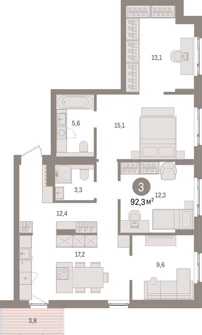 4-комнатная (Евро) квартира, 92.3 м² в ЖК "Брусника в Новоселье" - планировка, фото №1