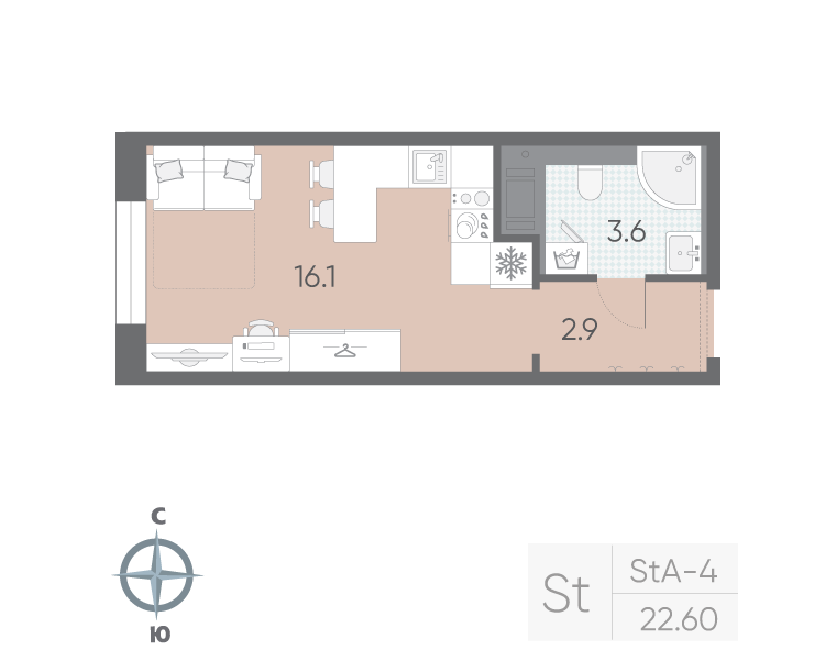 Квартира-студия, 22.6 м² в ЖК "Большая Охта" - планировка, фото №1