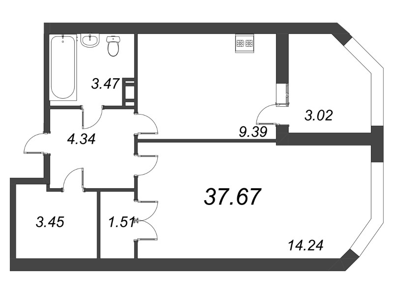 1-комнатная квартира, 37.67 м² в ЖК "Капральский" - планировка, фото №1