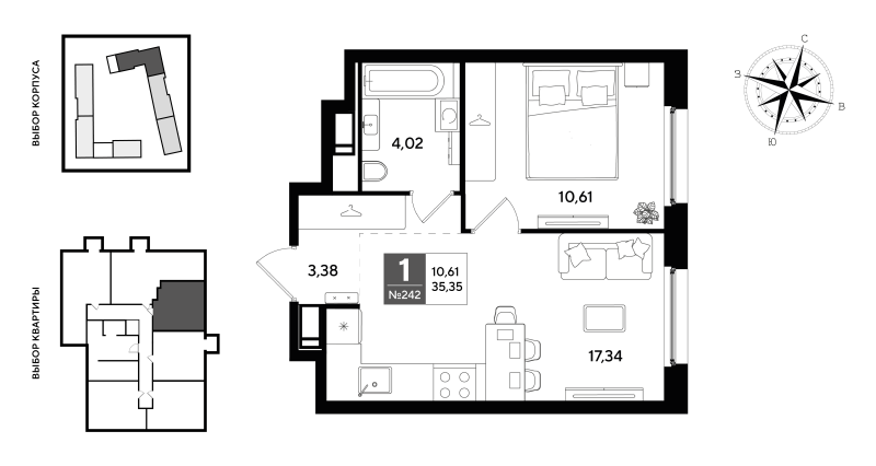 2-комнатная (Евро) квартира, 35.35 м² в ЖК "Догма Юкки 2" - планировка, фото №1