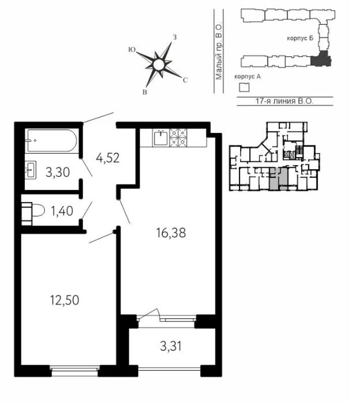 2-комнатная (Евро) квартира, 39.76 м² в ЖК "17-я линия" - планировка, фото №1