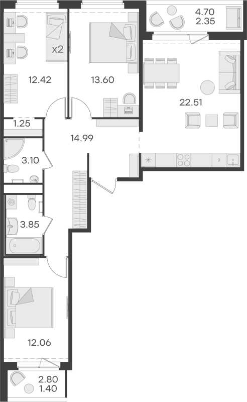 4-комнатная (Евро) квартира, 87.53 м² в ЖК "GloraX Парголово" - планировка, фото №1