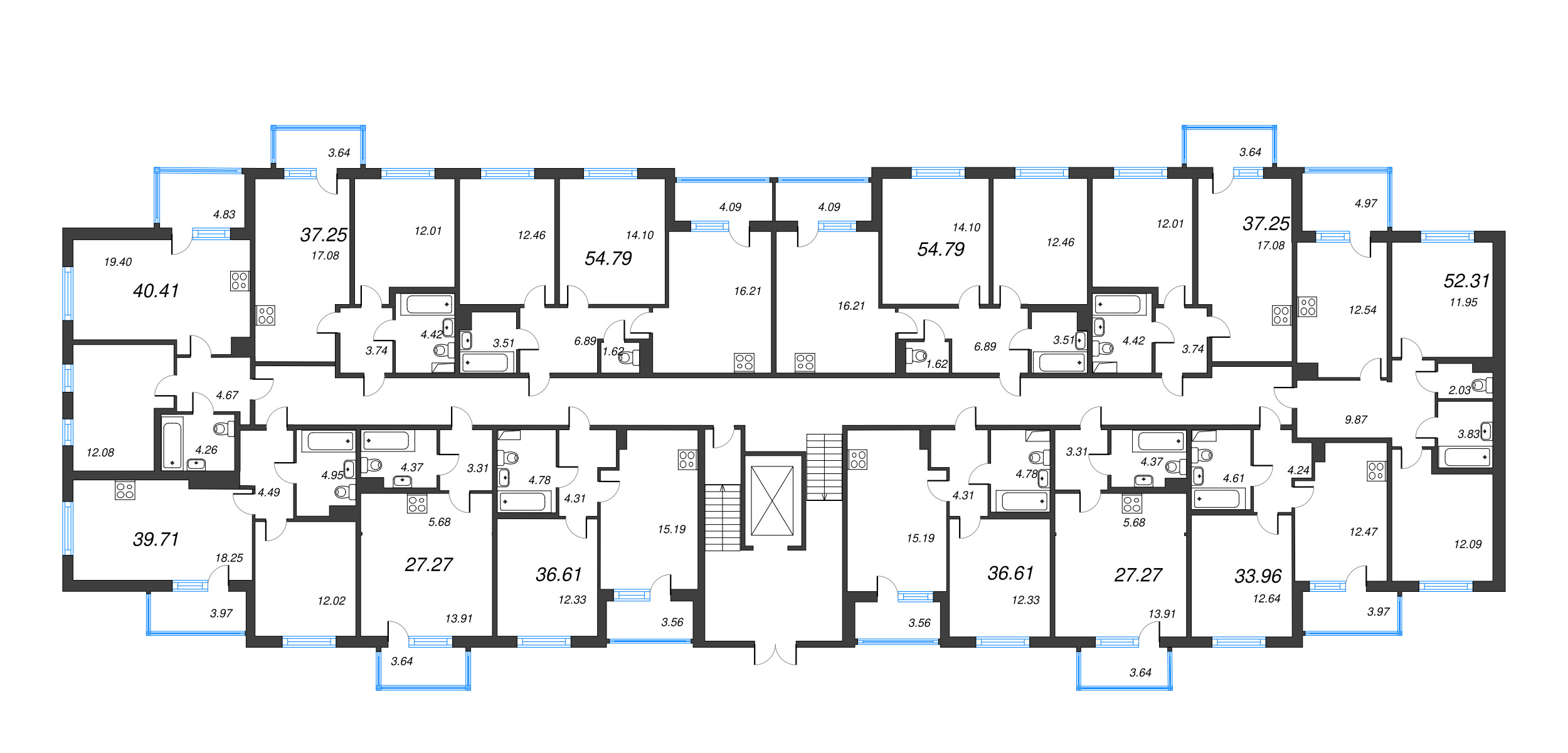 3-комнатная (Евро) квартира, 54.79 м² - планировка этажа