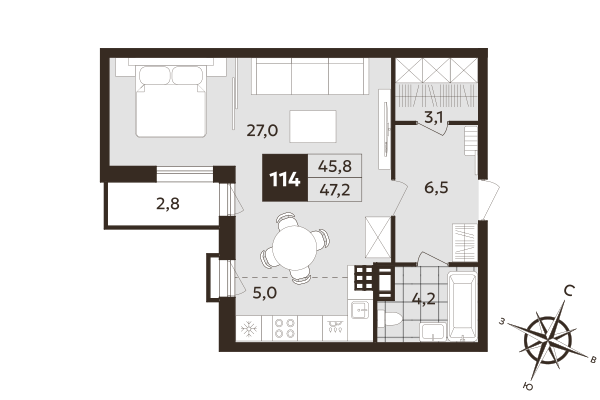 Квартира-студия, 45.8 м² в ЖК "Дом на Бронницкой" - планировка, фото №1