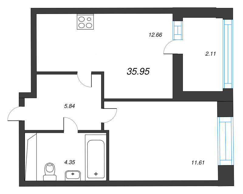 2-комнатная (Евро) квартира, 35.95 м² - планировка, фото №1